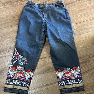Chico's Dark Blue Embroidered Wide Leg Jeans